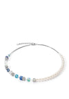 Coeur De Lion Asymmetric Cube & Pearl Necklace, Silver & Aqua Blue