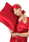 Indigo Sky Satin Pyjama, Pillowcase and Eye Mask Set, Spice Red