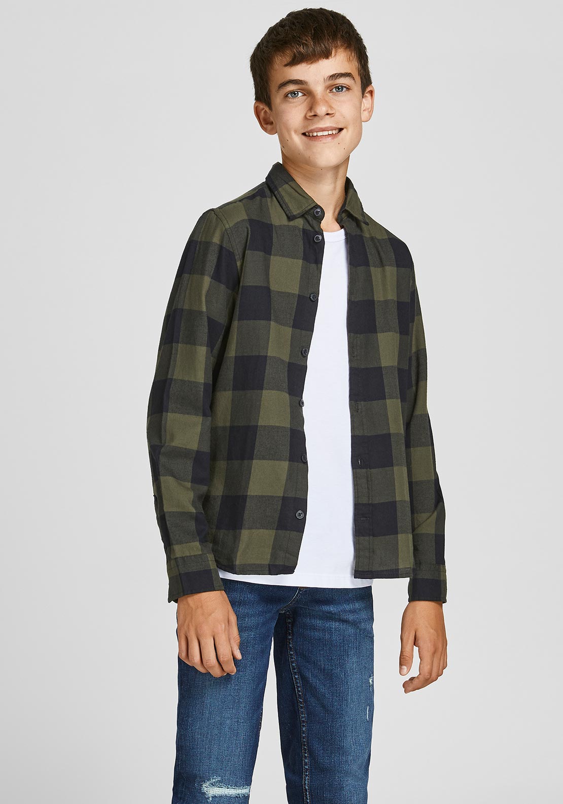 Jack & Jones Boys Gingham Twill Long Sleeve Shirt, Dusty Olive