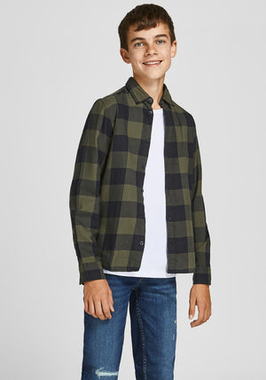 Jack & Jones Boys Gingham Twill Long Sleeve Shirt, Dusty Olive