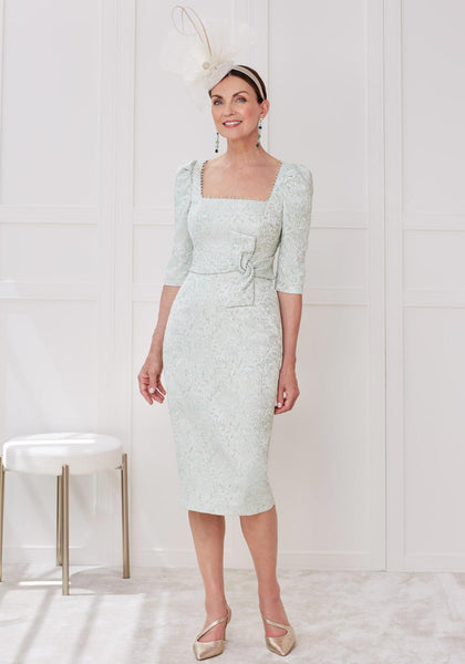 John Charles Jacquard Bow Waist Midi Dress, Pistachio - McElhinneys