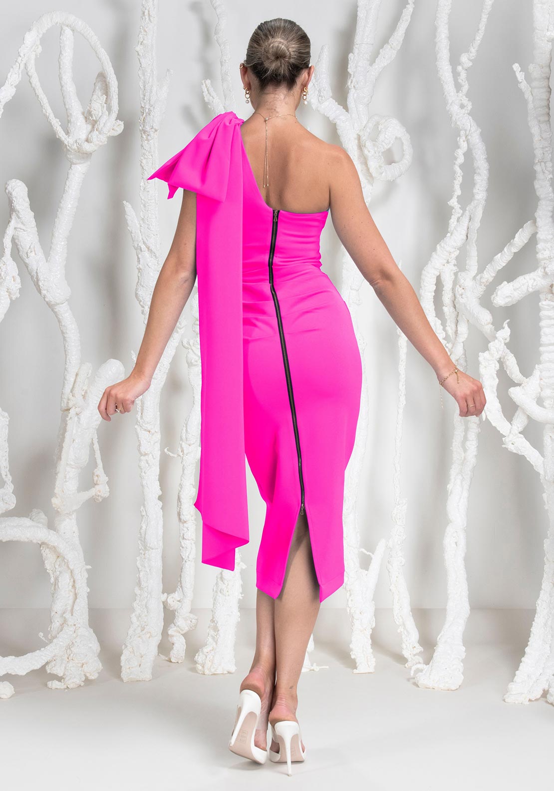 Kevan Jon Krystle One Shoulder Midi Dress, Hot Pink