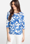 Olsen Leaf Print Ribbed Neck T-Shirt, Blue Multi