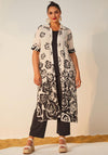 Ora Rose Print Long Kimono, Cream & Black
