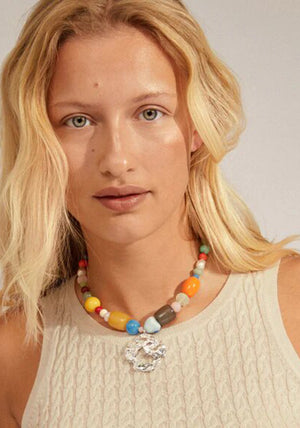 Pilgrim Smile Statement Beaded Necklace, Silver Rainbow Multi