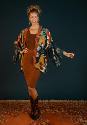Powder Scandinavian Flora Kimono Jacket, Navy