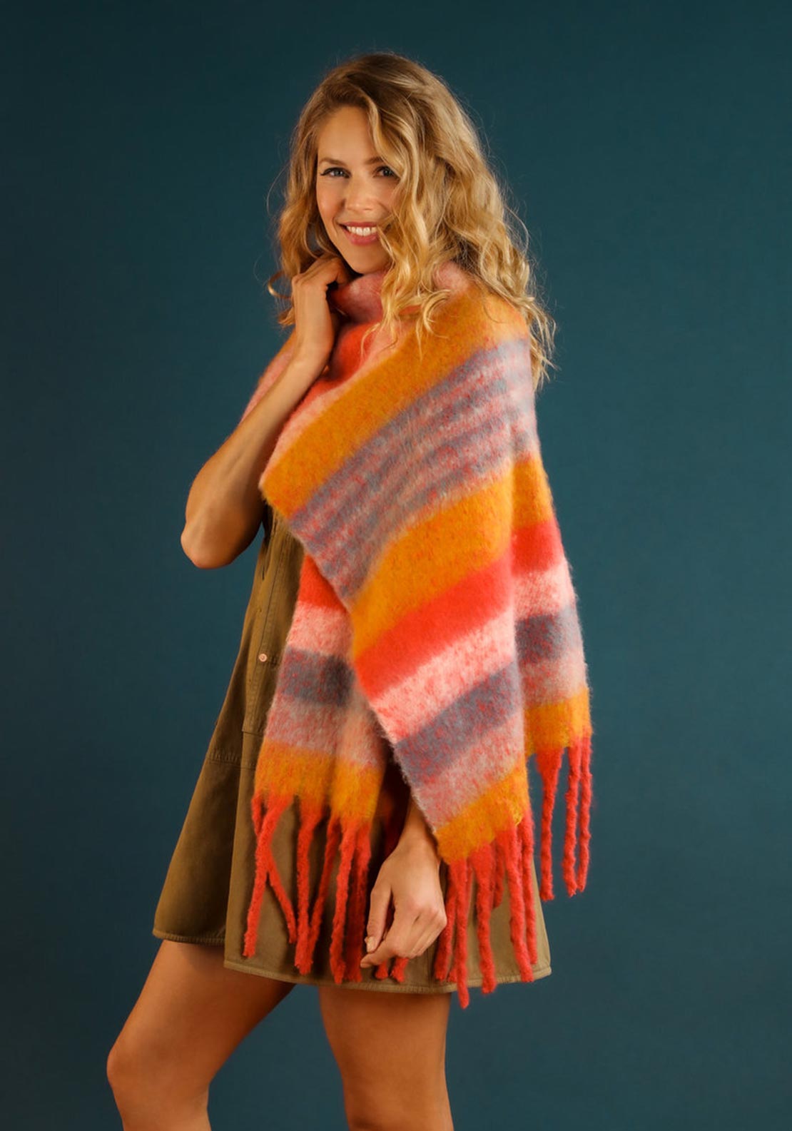 Powder Enid Stripe Cosy Knit Scarf, Tangerine & Denim - McElhinneys