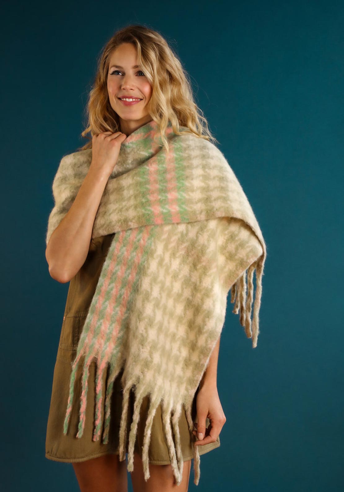 Powder Ishbel Check Cosy Knit Scarf, Stone & Vanilla - McElhinneys