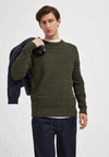 Selected Homme Remy Knit Stripe Crew Neck Jumper, Forest Night