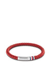 Tommy Hilfiger Mens 2790404 Braided Leather Bracelet, Red & Silver