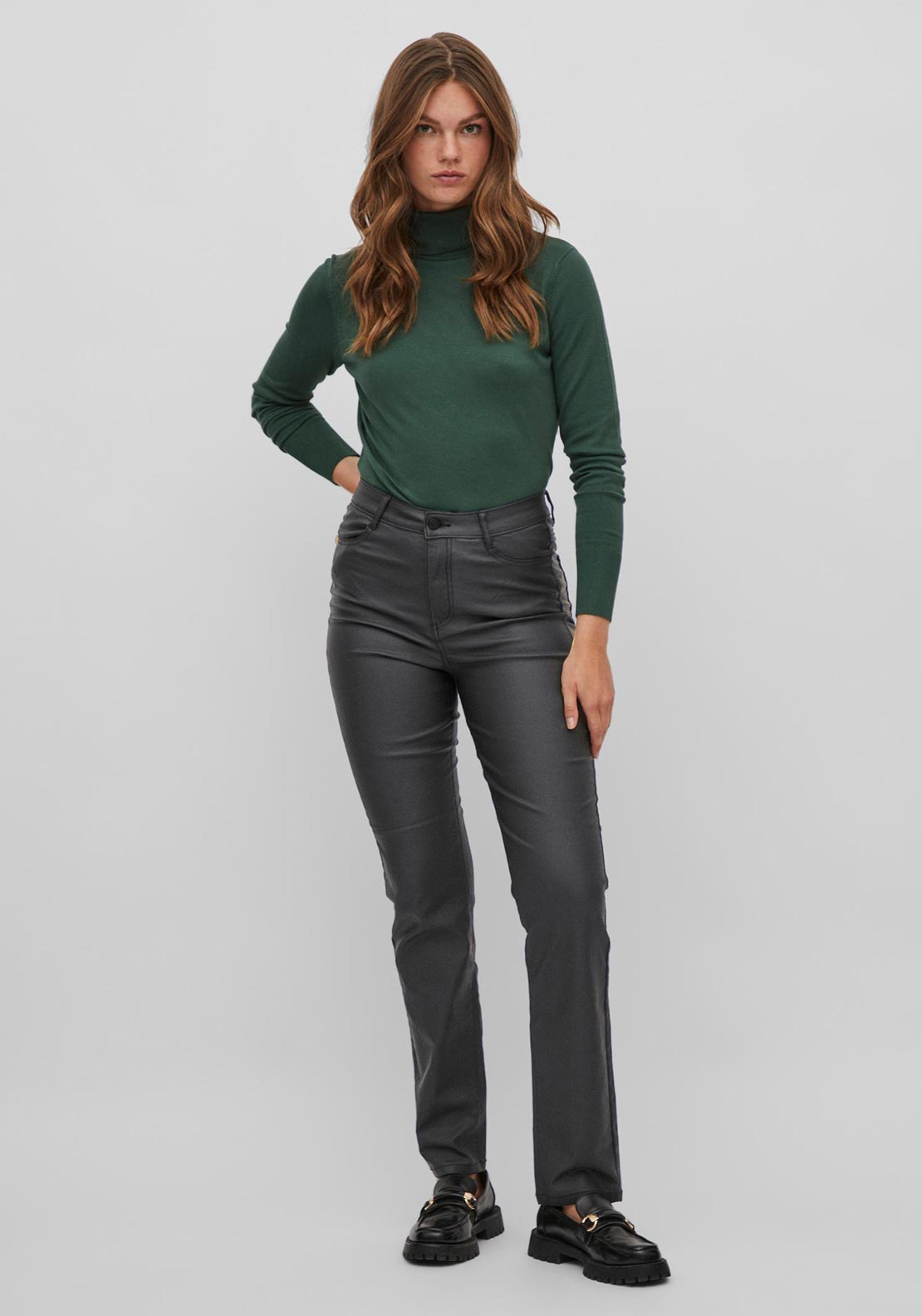 Vila Coated High Waist Straight Trousers, Black
