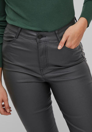 Vila Coated High Waist Straight Trousers, Black