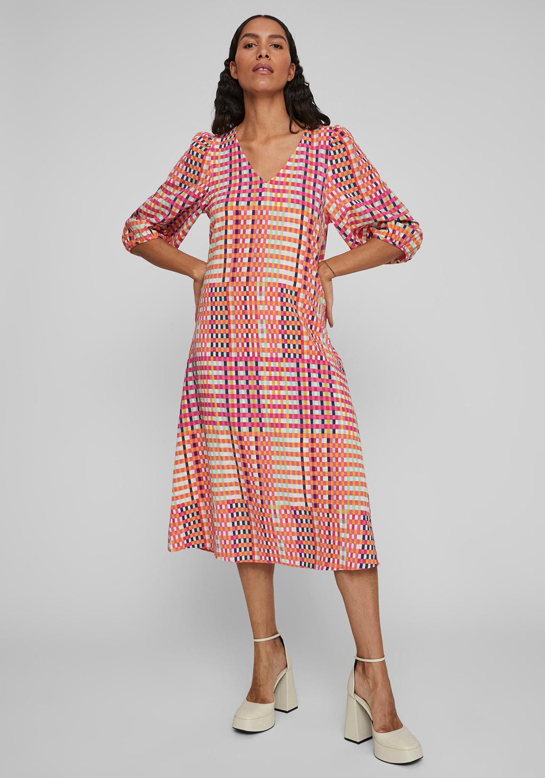 Vila Pipe Check Print Midi Dress, Multi