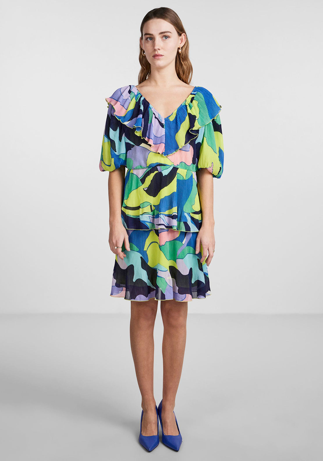 Y.A.S Pimo Abstract Print Frill Mini Dress, French Blue - McElhinneys