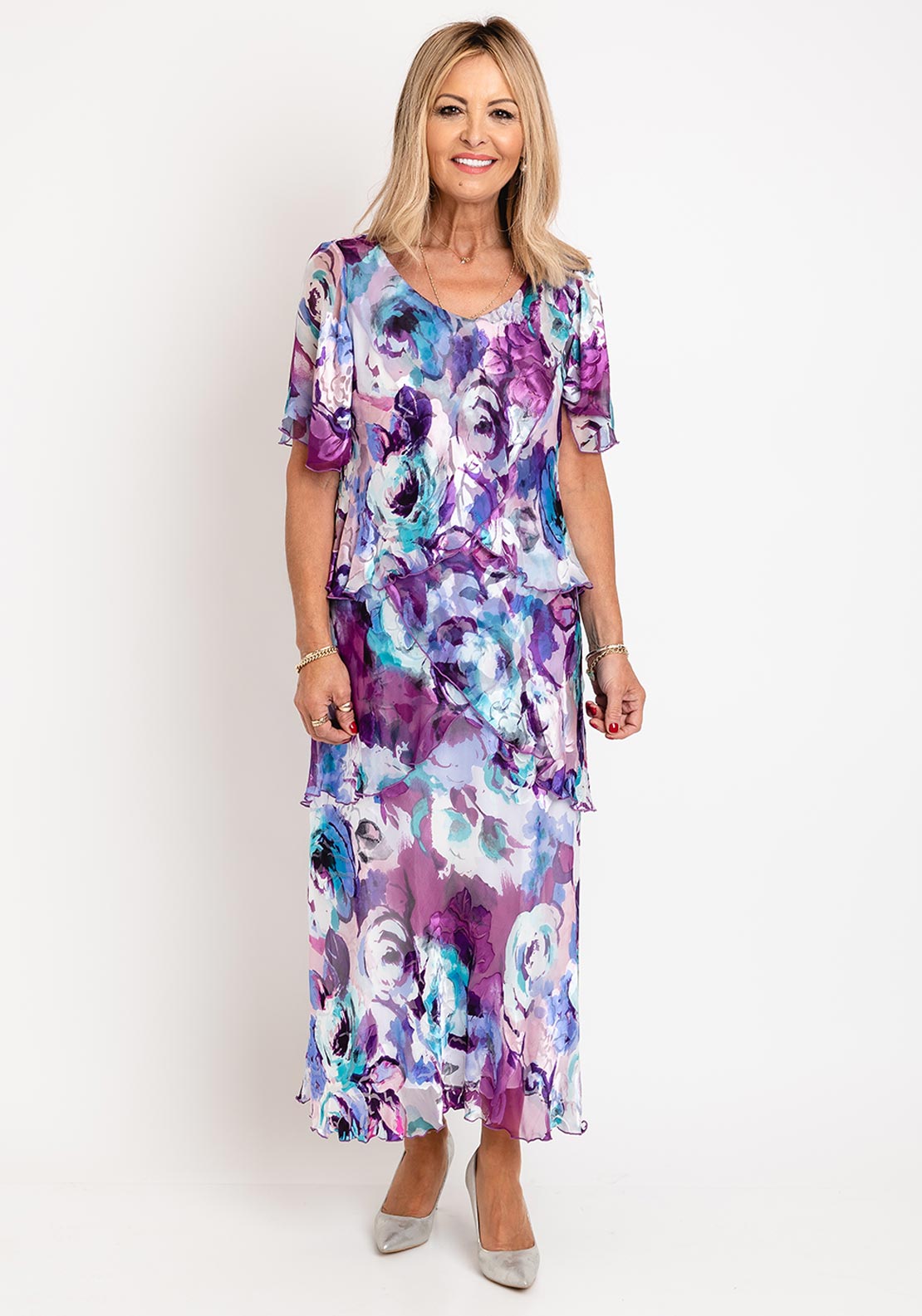 Allison Floral Silk Layered Midi Dress, Purple - McElhinneys