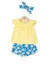 Minibol Girl Daisy Print 3 Piece Short Set, Yellow and Blue