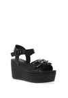 Carmela Leather Woven Wedged Sandals, Black