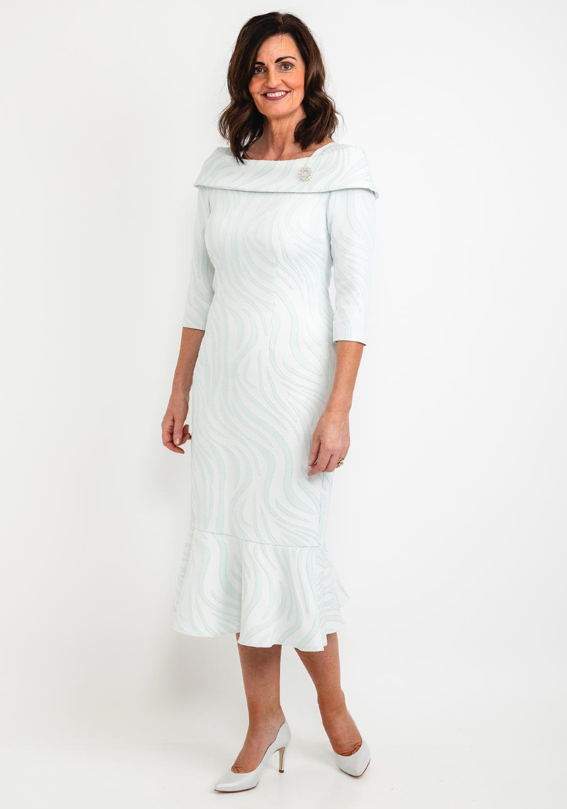 Cassandra Metallic Jacquard Fishtail Midi Dress, Aqua - McElhinneys