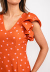 Casting Polka Dot Gathered Shoulder Midi Dress, Orange & Pink