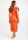 Casting Polka Dot Gathered Shoulder Midi Dress, Orange & Pink