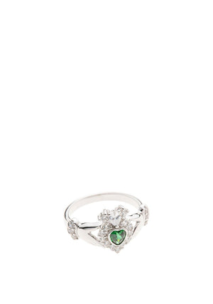 Green Crystal Sparkle Claddagh Silver Ring 9