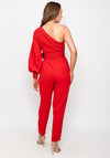 Exquise One Shoulder Belted Jumpsuit, Red