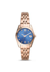 Fossil Scarlette Mini Three-Hand Stainless Steel Watch, Rose Gold & Blue
