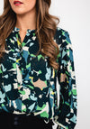 Fransa Round Neck Buttoned Print Blouse, Petrol Multi