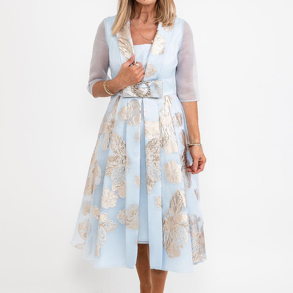 gabriela sanchez blue and gold dress Gabriela Sanchez Floral Foil Detail A-Line Dress, Light Blue