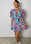Girl In Mind Elise Puff Sleeve Leopard Print Mini Dress, Blue Multi