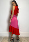 Girl in Mind Paloma Colour Block Halter Neck Tiered Midi Dress, Red & Pink