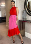 Girl in Mind Paloma Colour Block Halter Neck Tiered Midi Dress, Red & Pink