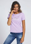 Guess Womens Glenna Glitter Guess Logo T-Shirt, Lilac