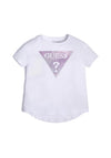 Guess Girls Glitter Triangle Logo T-Shirt, White