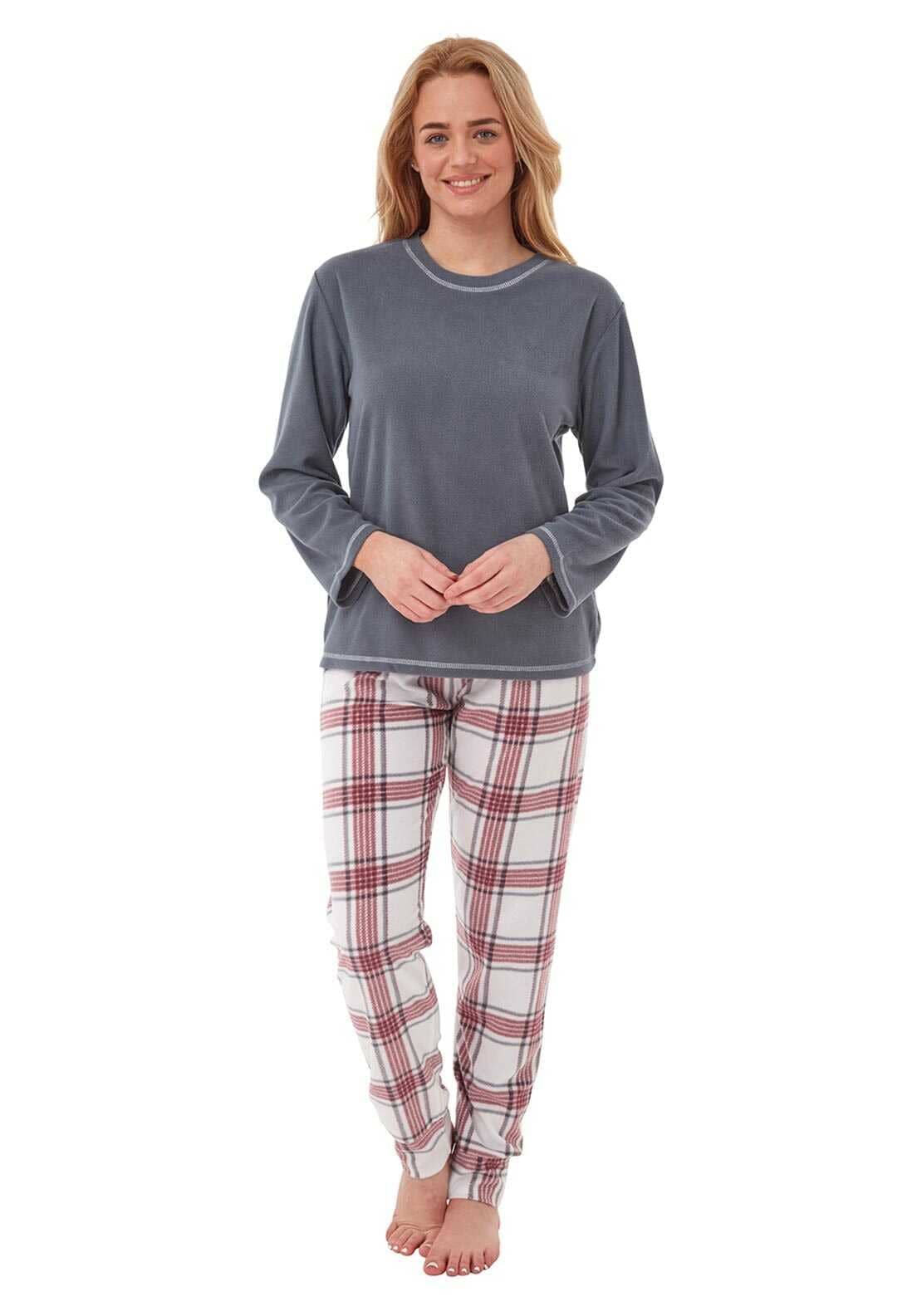 Fleece Check Print Pyjama Set, Grey Multi
