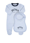 Hugo Boss Baby Boys Logo Babygrow and Bib Set, Sky Blue