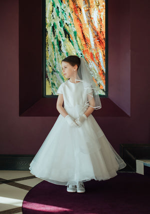 Isabella Bow Waist Layered Tulle Communion Dress, White