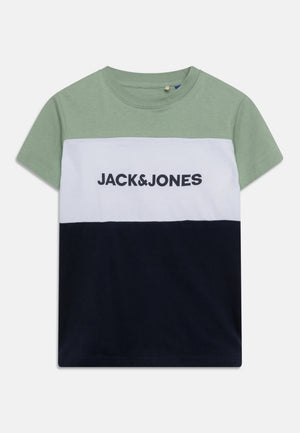 Jack & Jones Boys Logo Blocking Tee, Granite Green