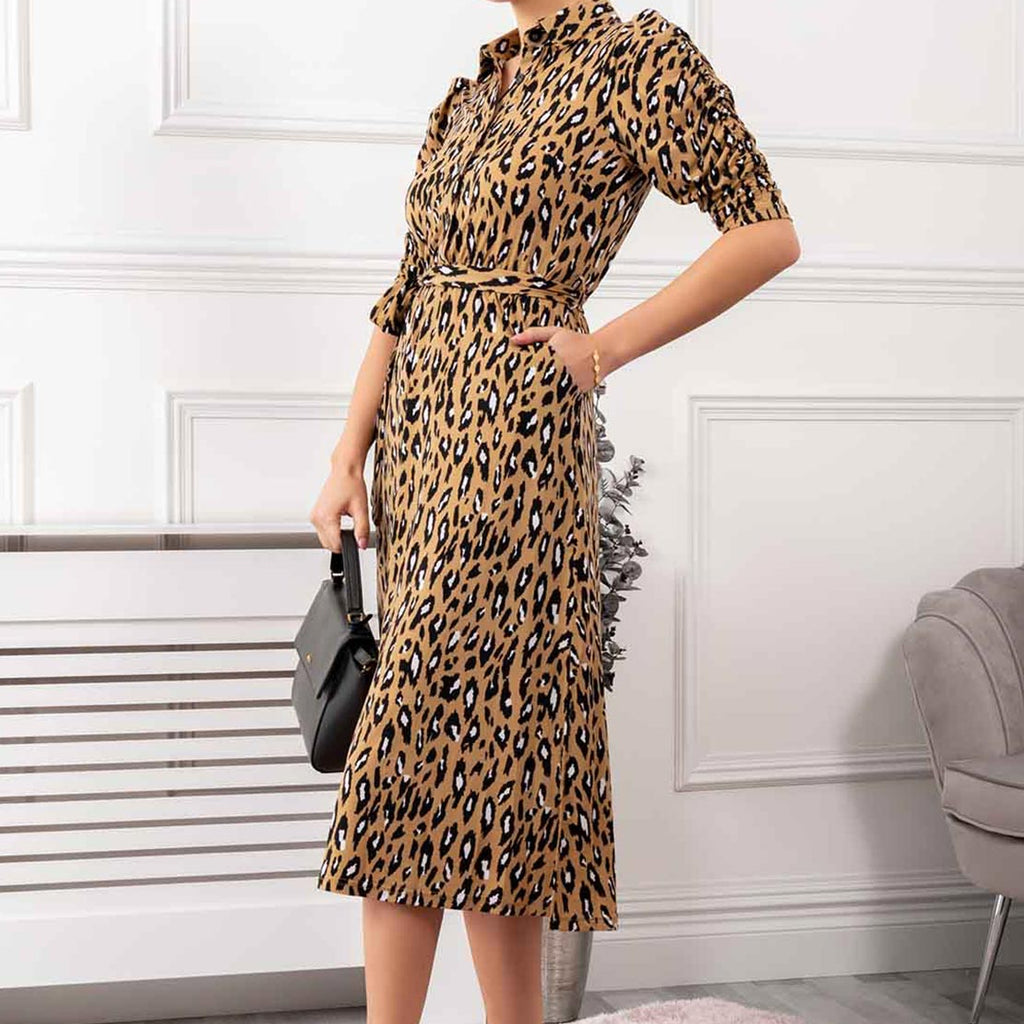 Jolie Moi Calla Midi Dress, Camel Leopard Print McElhinneys