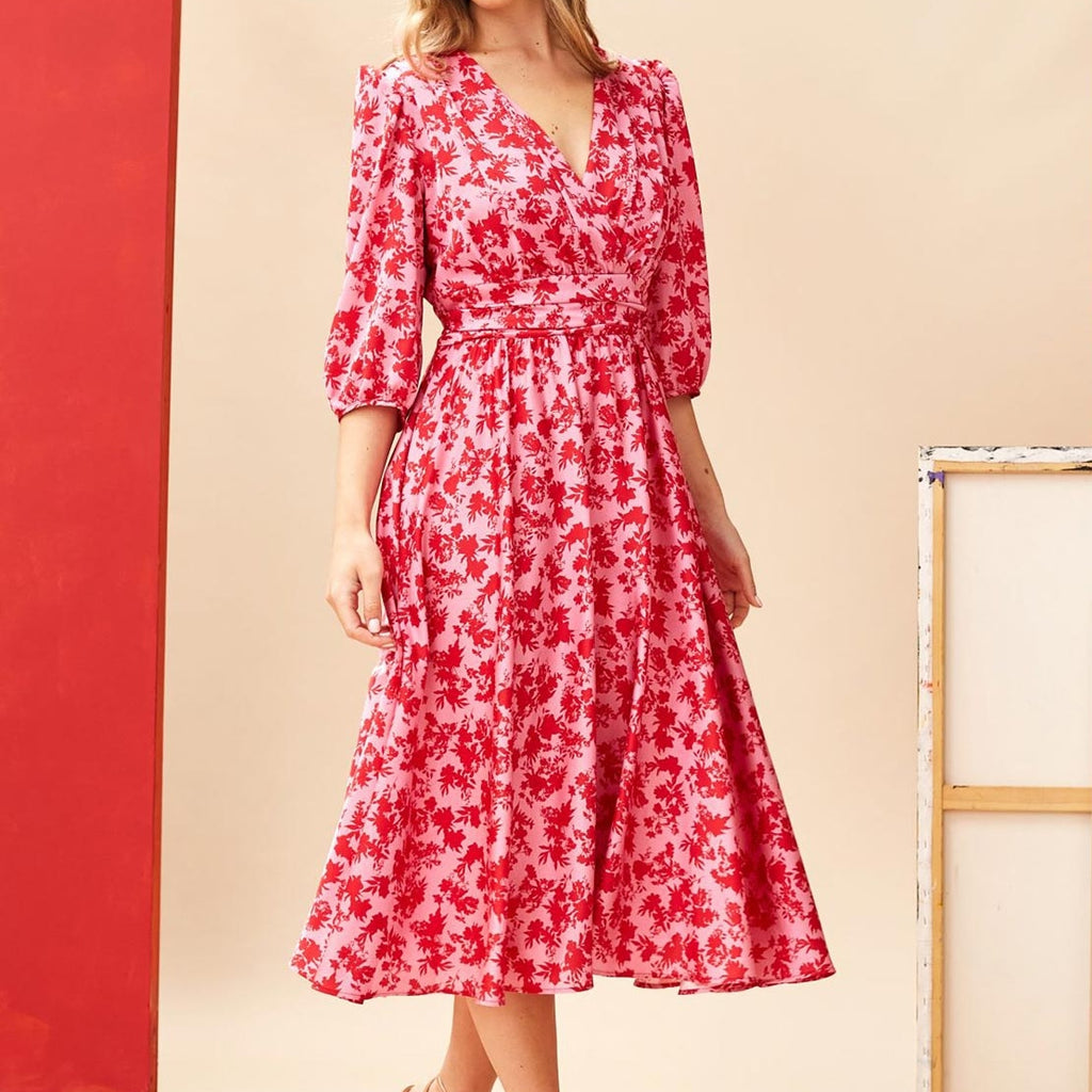 Kate Cooper Floral Banded Waist Midi Dress, Pink & Red