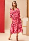 Kate Cooper Floral Banded Waist Midi Dress, Pink & Red