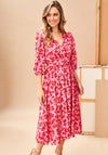 Kate Cooper Floral Banded Waist Midi Dress, Pink & Red