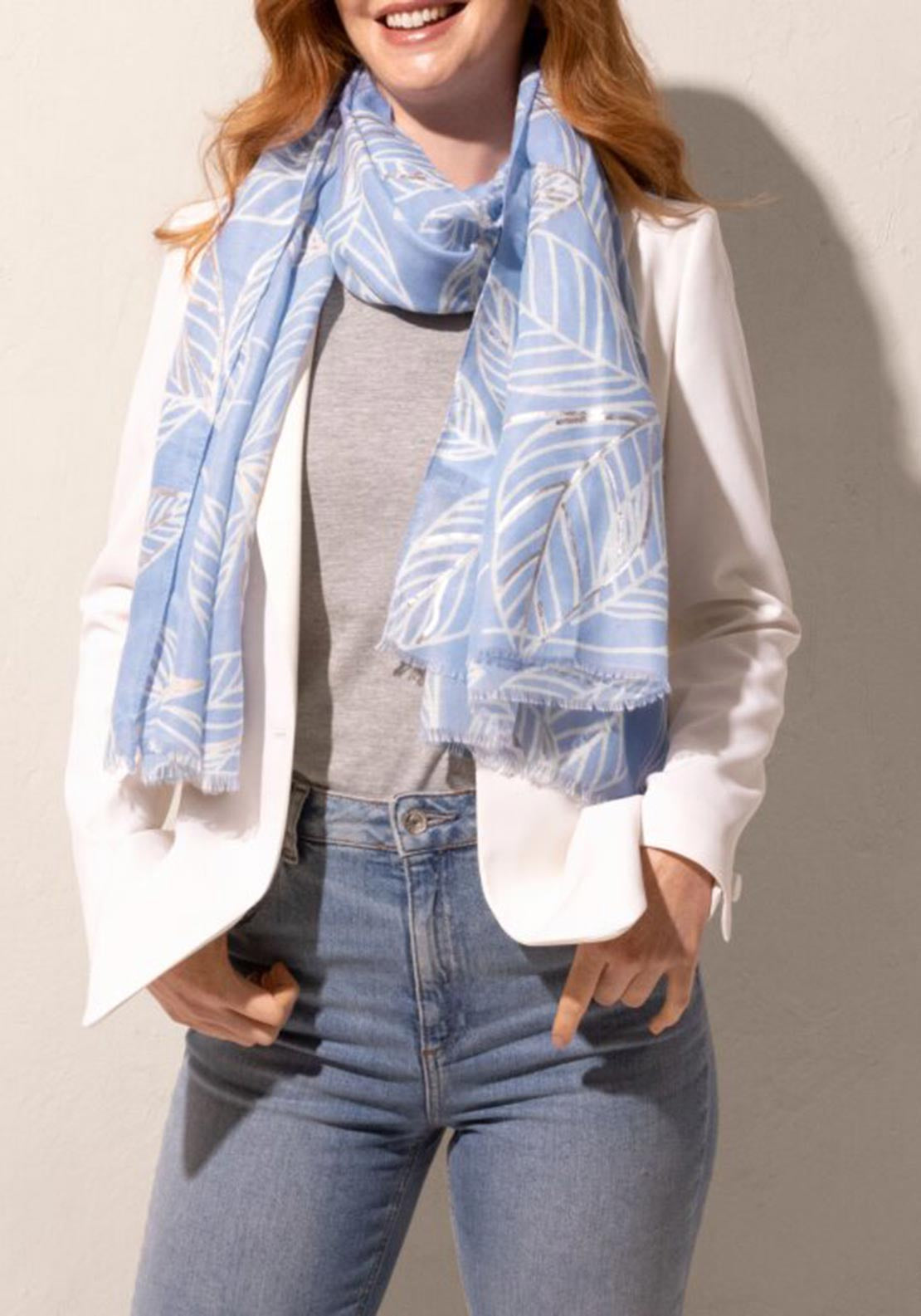 Katie Loxton Metallic Leaf Print Scarf, Blue Multi