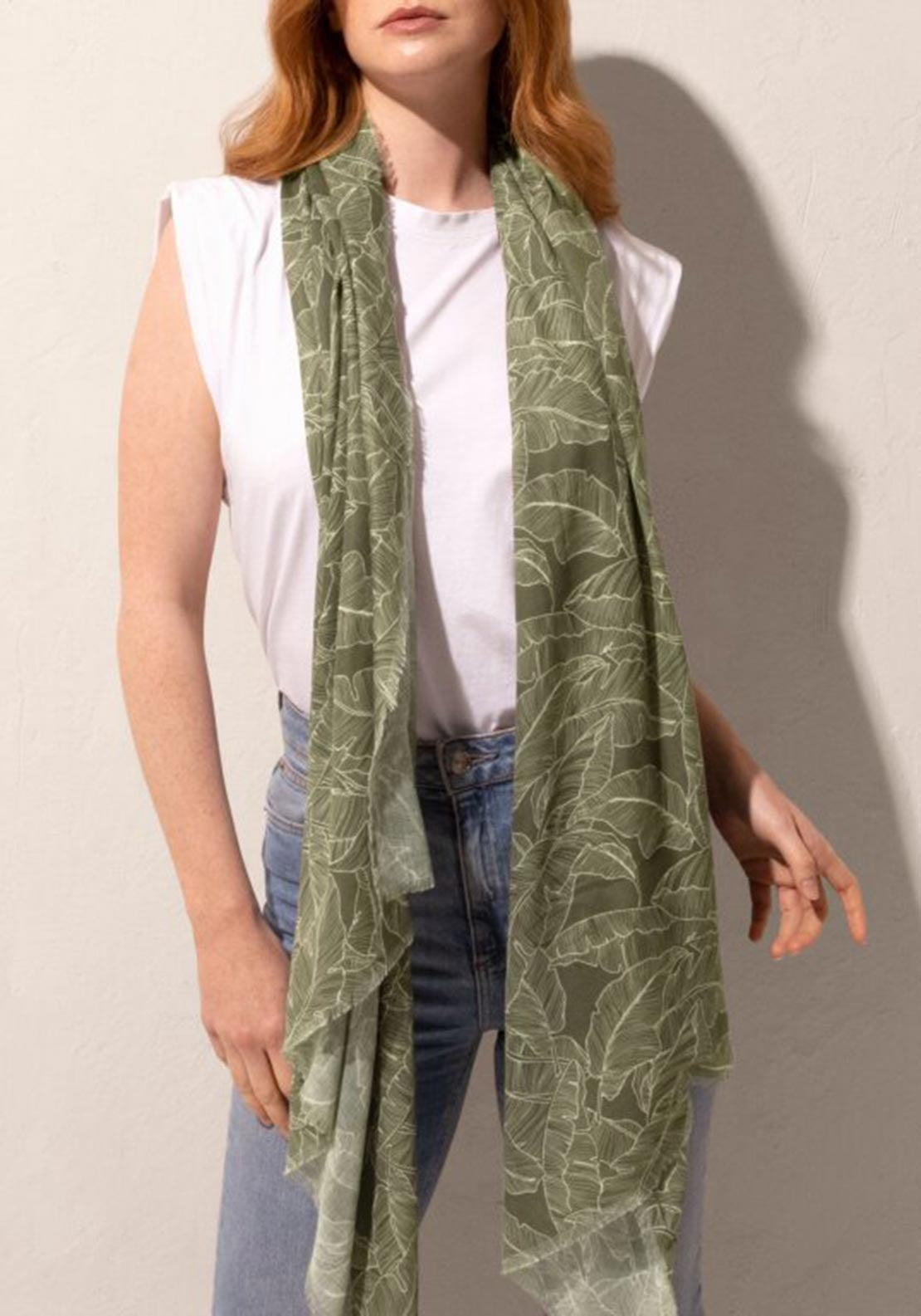 Katie Loxton Banana Leaf Print Scarf, Khaki