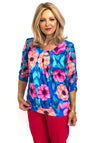 Leon Collection Colourful Floral Print Scooped Neckline Top, Blue Multi
