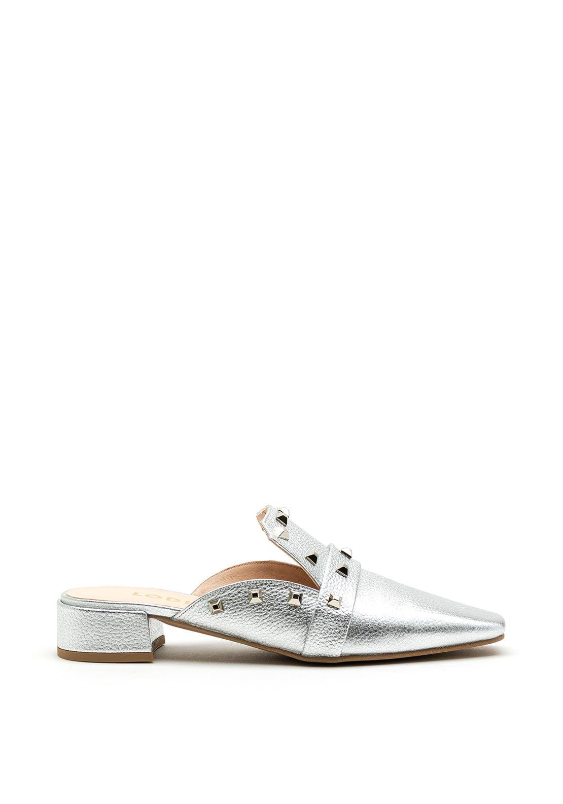 Lodi Patent Leather Stud Mule, Silver