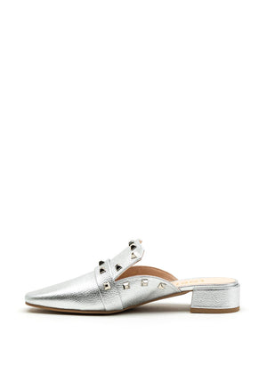 Lodi Patent Leather Stud Mule, Silver