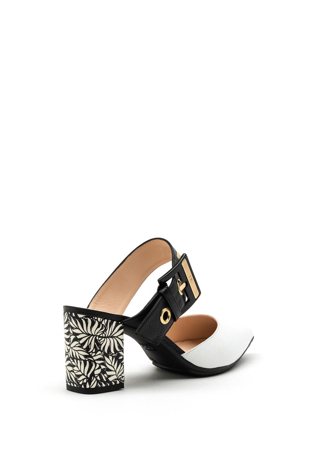 Lodi Leather Block Heeled Sandal, Black & White