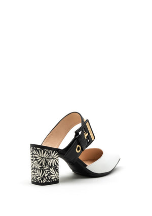 Lodi Leather Block Heeled Sandal, Black & White