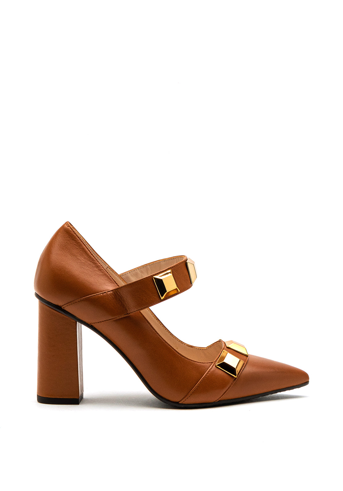 Lodi Maxi Gold Stud Block Heel Shoe, Tan